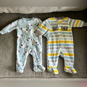 Newborn Fleece Pajamas Set, Pale Blue Puppies + Yellow Stripe Little Brother